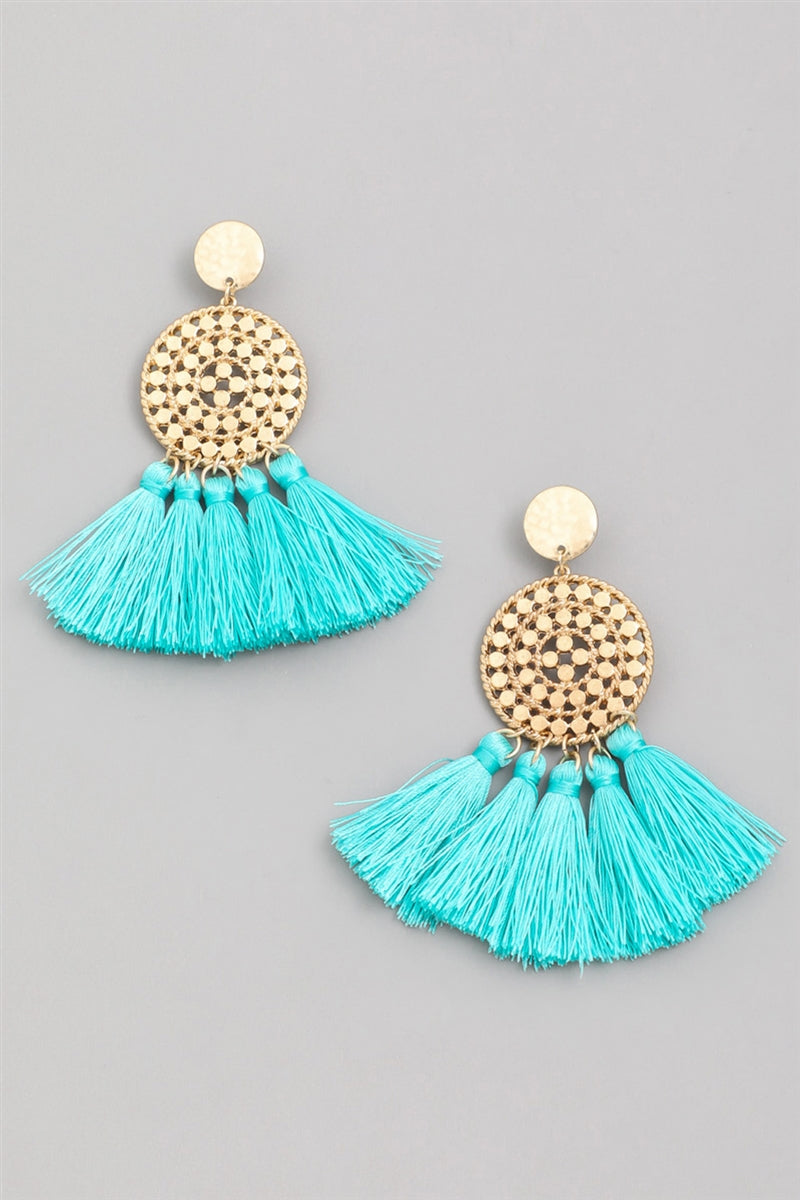 Circle Turquoise Tassel Statement Earrings