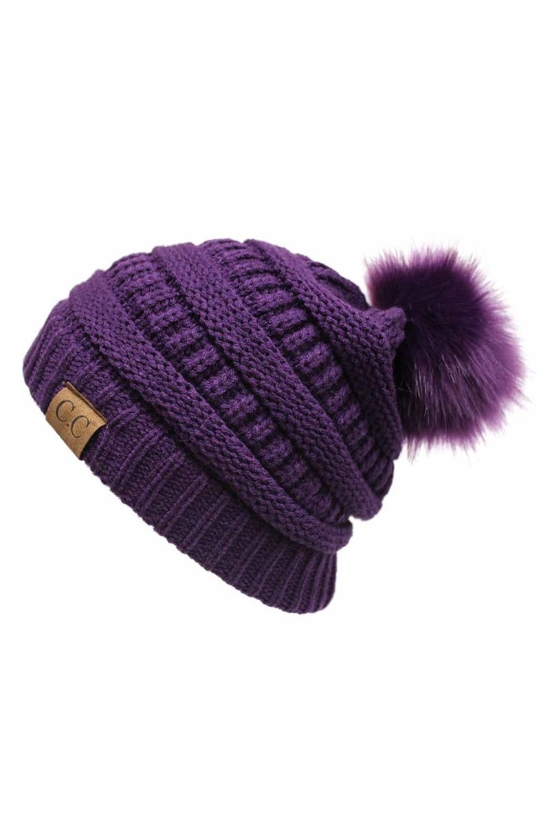 CC Cable Knit Pom Beanie - Purple