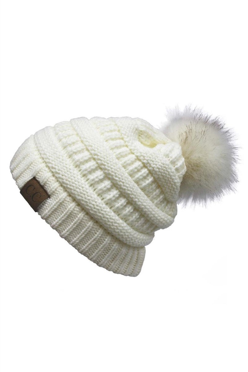 Cream White pure cashmere fur pom pom cable knit beanie hat