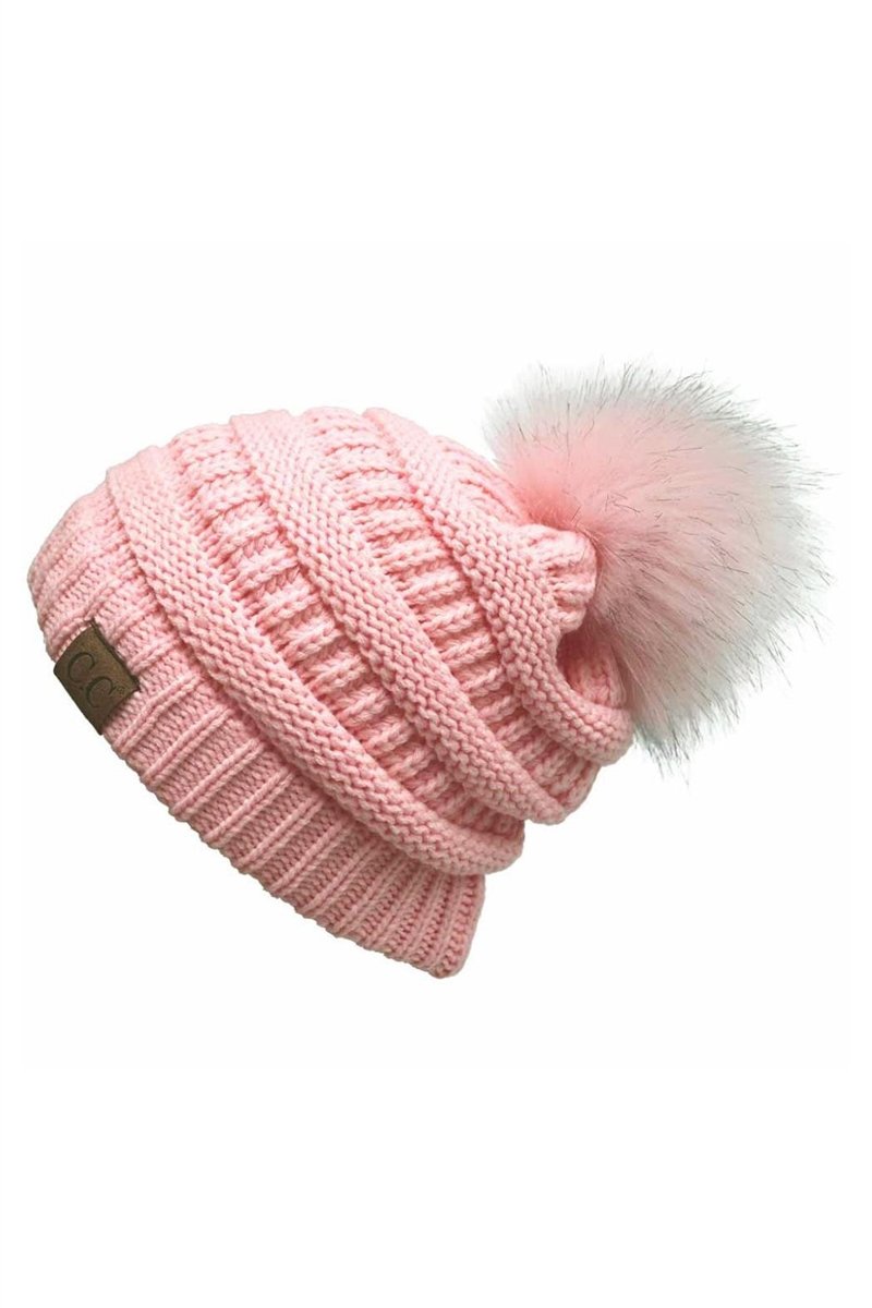 CC Cable Knit Pom Beanie - Pale Pink