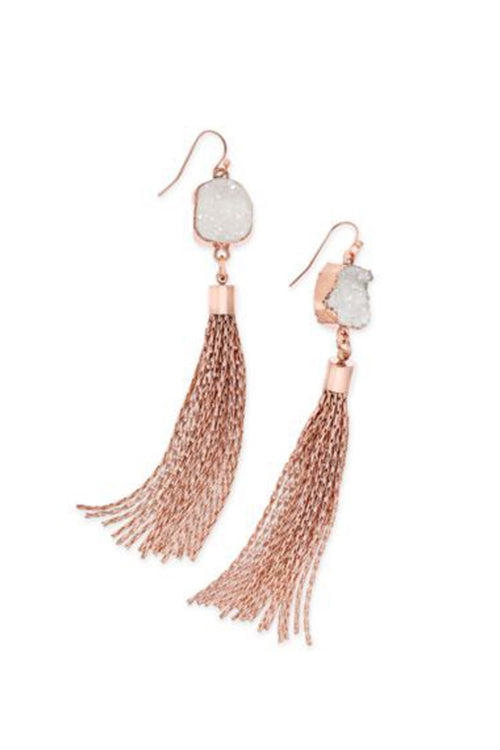 White Druzy Tassel Statement Earrings