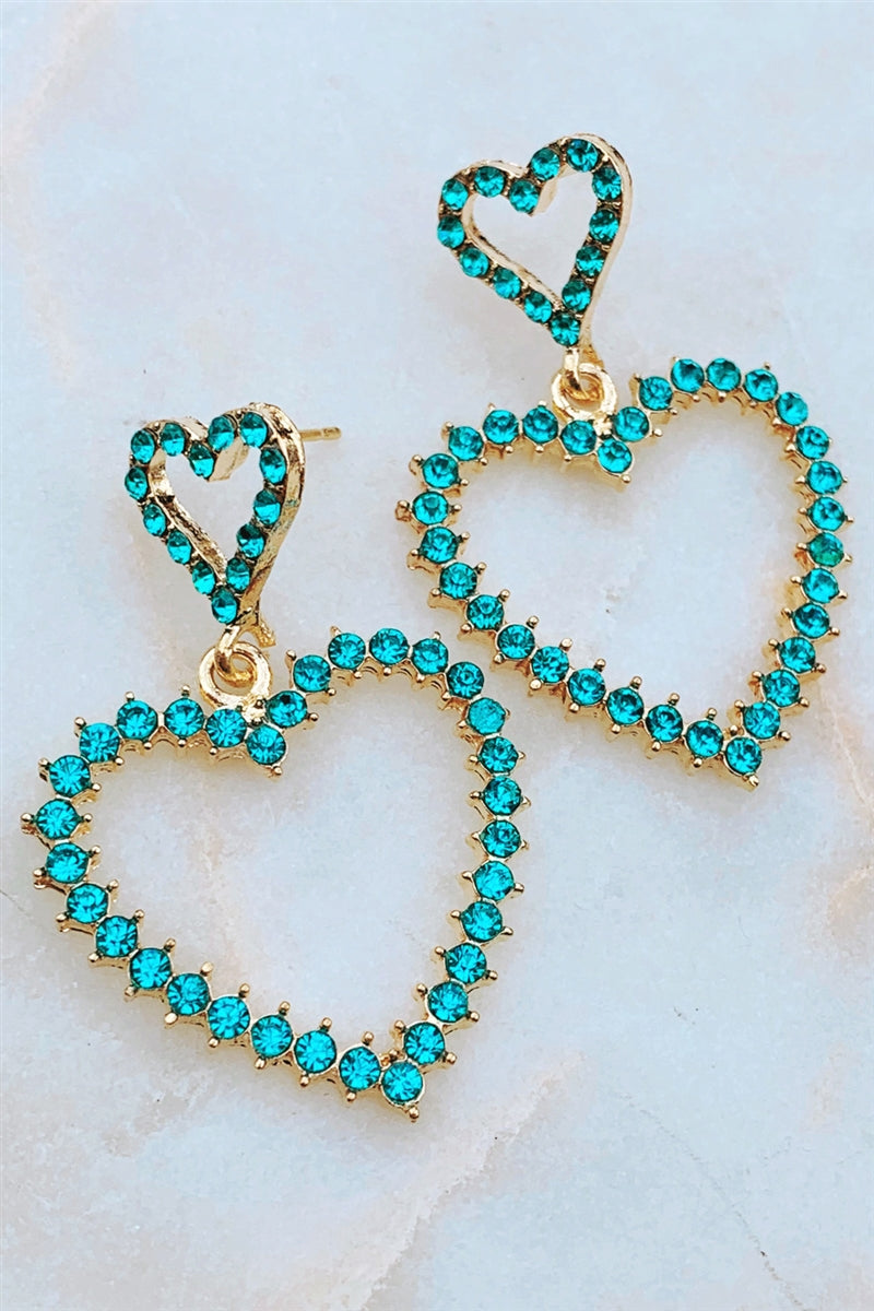 Rhinestone Heart Statement Earrings - Gold & Blue
